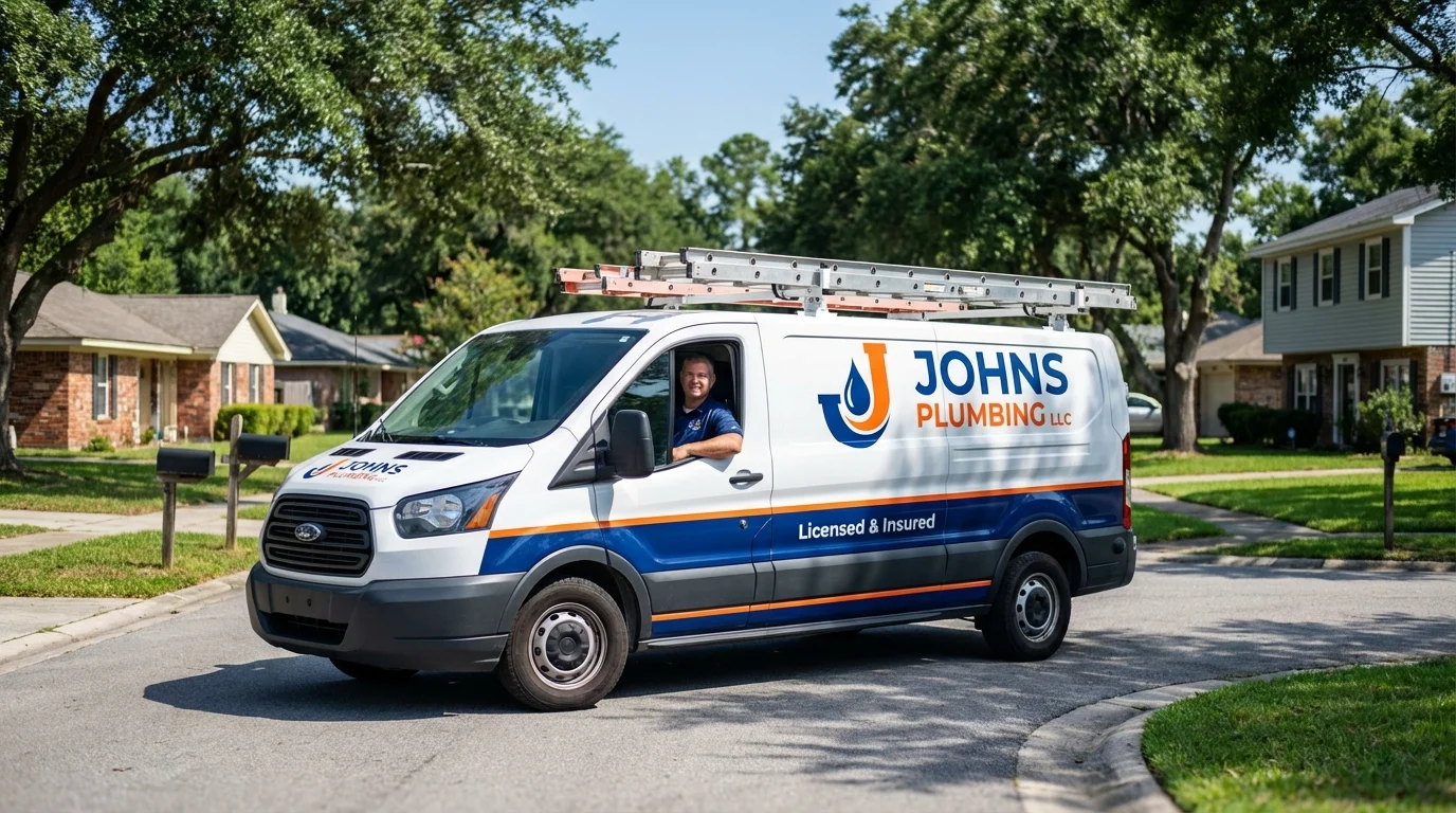 Johns Plumbing LLC service van in Houston, AK