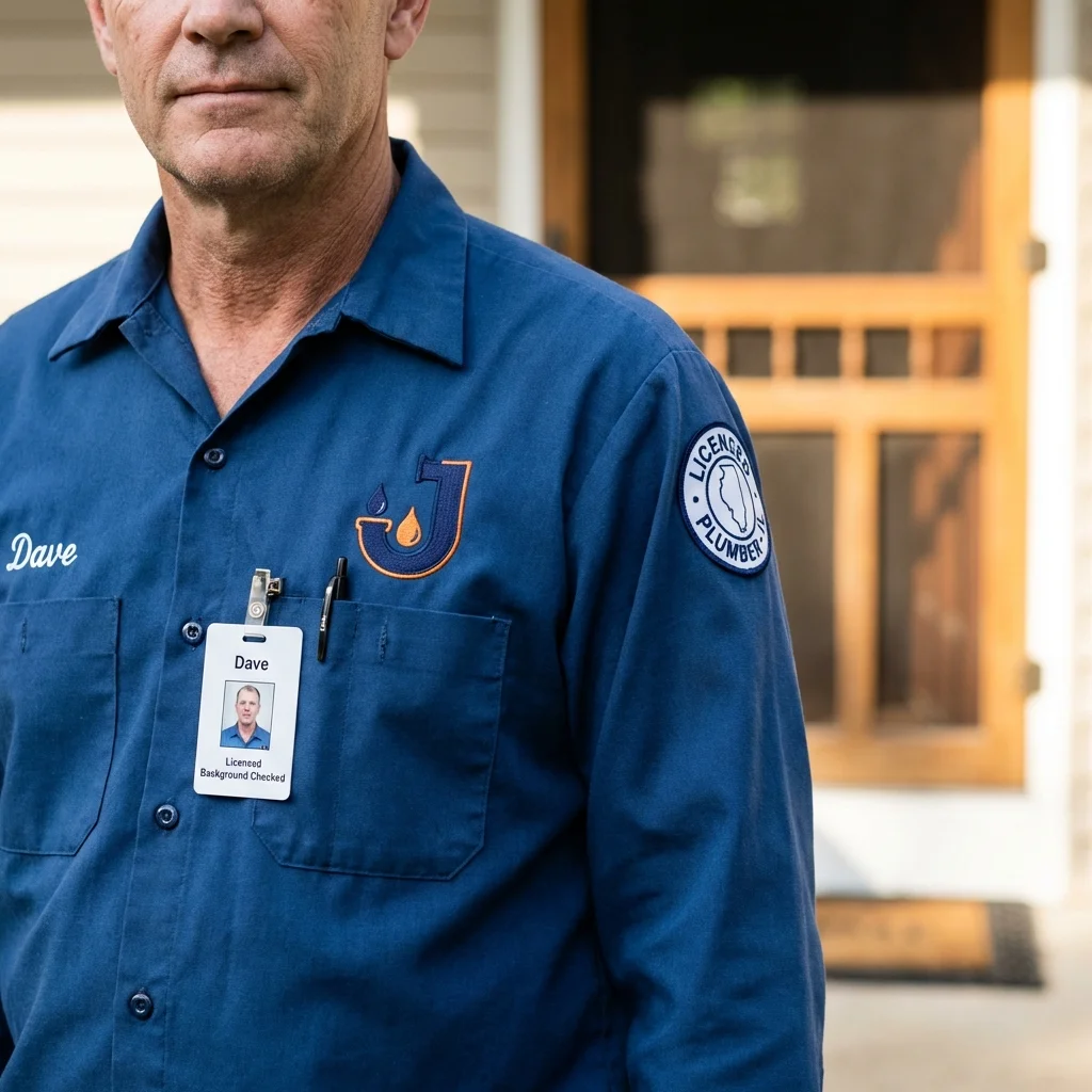 Licensed plumber showing ID badge in Houston, AK