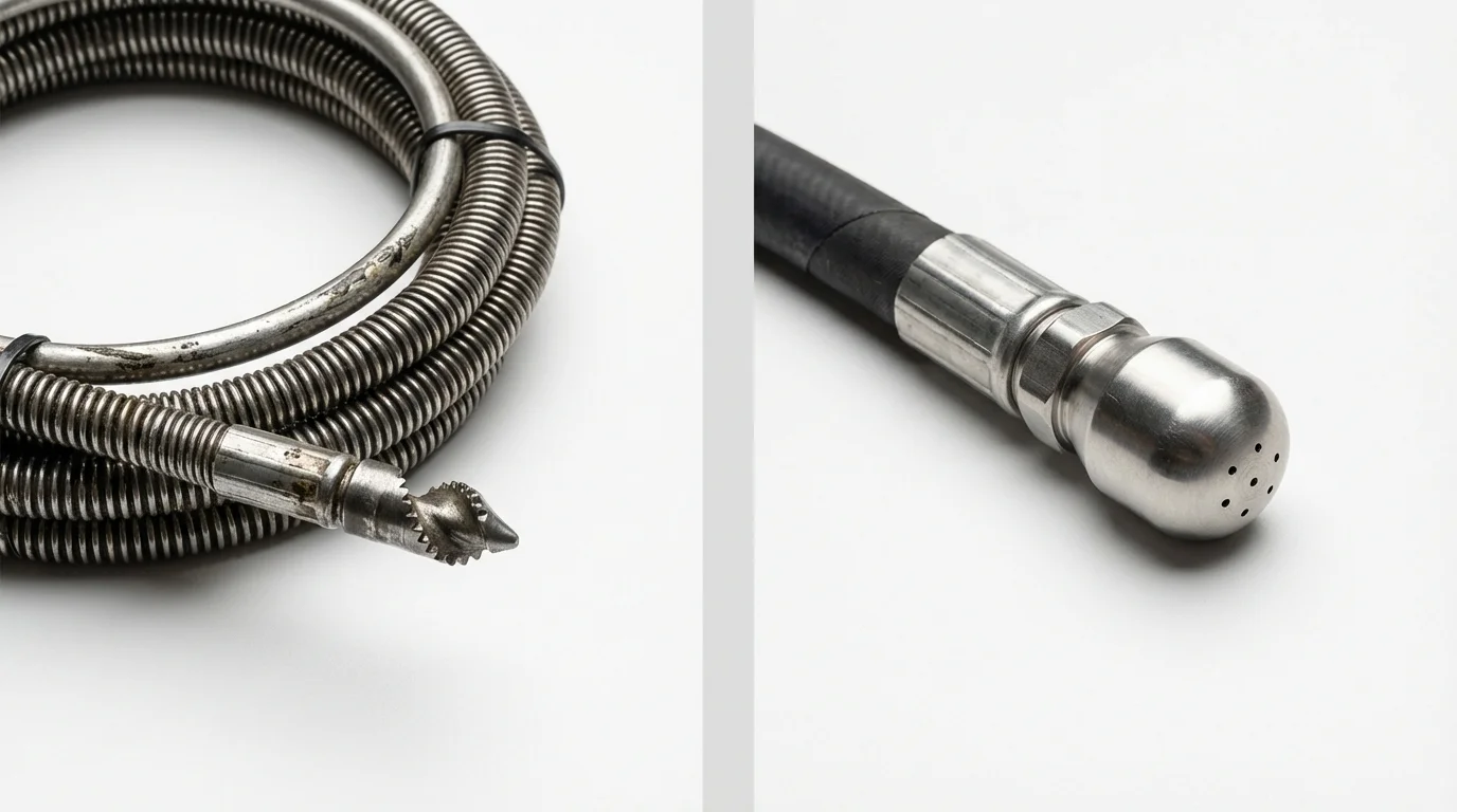 Drain snake cable and hydro jetting nozzle used for drain cleaning in Houston, AK