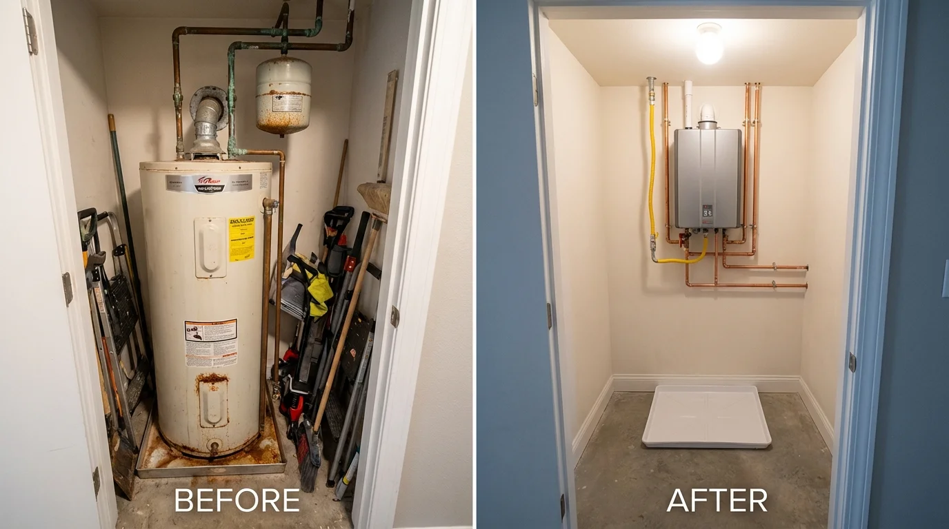 Tank water heater versus wall-mounted tankless unit comparison for Houston, AK homeowners