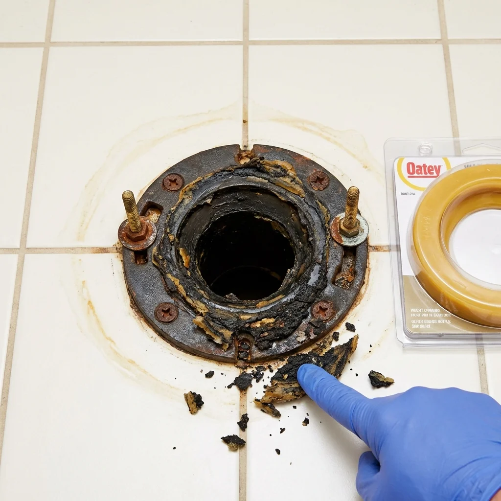 Failed wax ring showing water seepage at the base of a toilet in a Houston, AK home