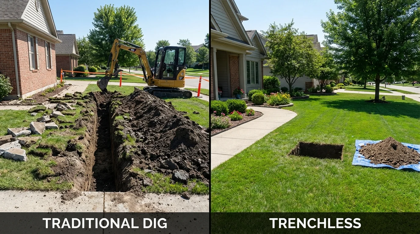 Trenchless sewer repair with minimal yard damage versus traditional excavation in Houston, AK
