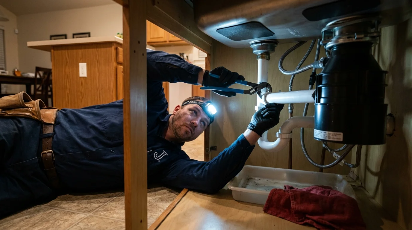 P-trap and supply line connections under a kitchen sink showing a common leak point in Houston, AK